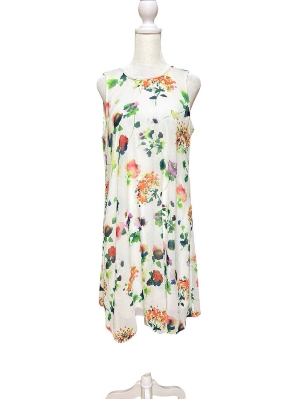 Calvin Klein Floral Shift Dress Sleeveless White Size 8